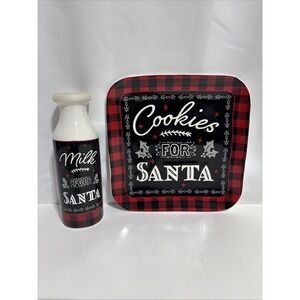 Christmas Cookie Plate & Mike Jug 2 Pc Set. Holiday Time Buffalo Pattern Ceramic